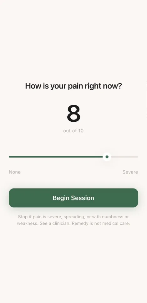 Remedy pain check-in before a session, with a 1 to 10 slider