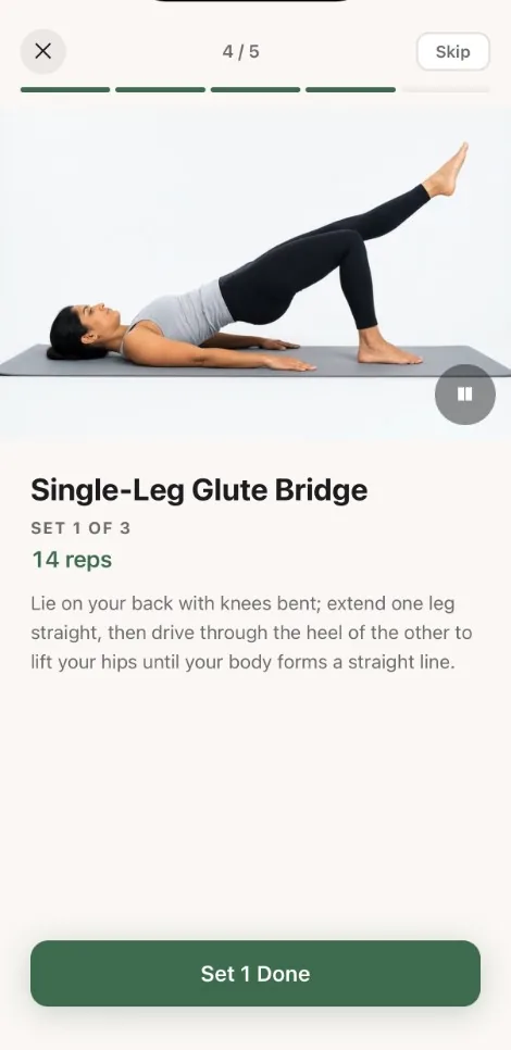 Remedy session screen with a demonstration video of a single-leg glute bridge, set 1 of 3