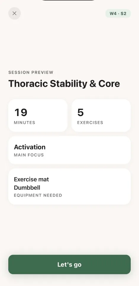 Remedy session preview: 19 minutes, 5 exercises, activation focus, exercise mat and dumbbell needed