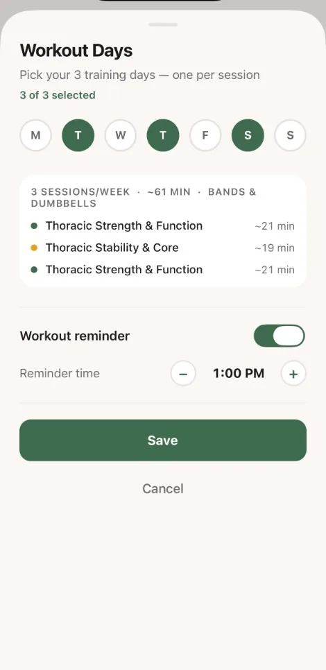 Remedy workout days picker set to three sessions a week with a reminder